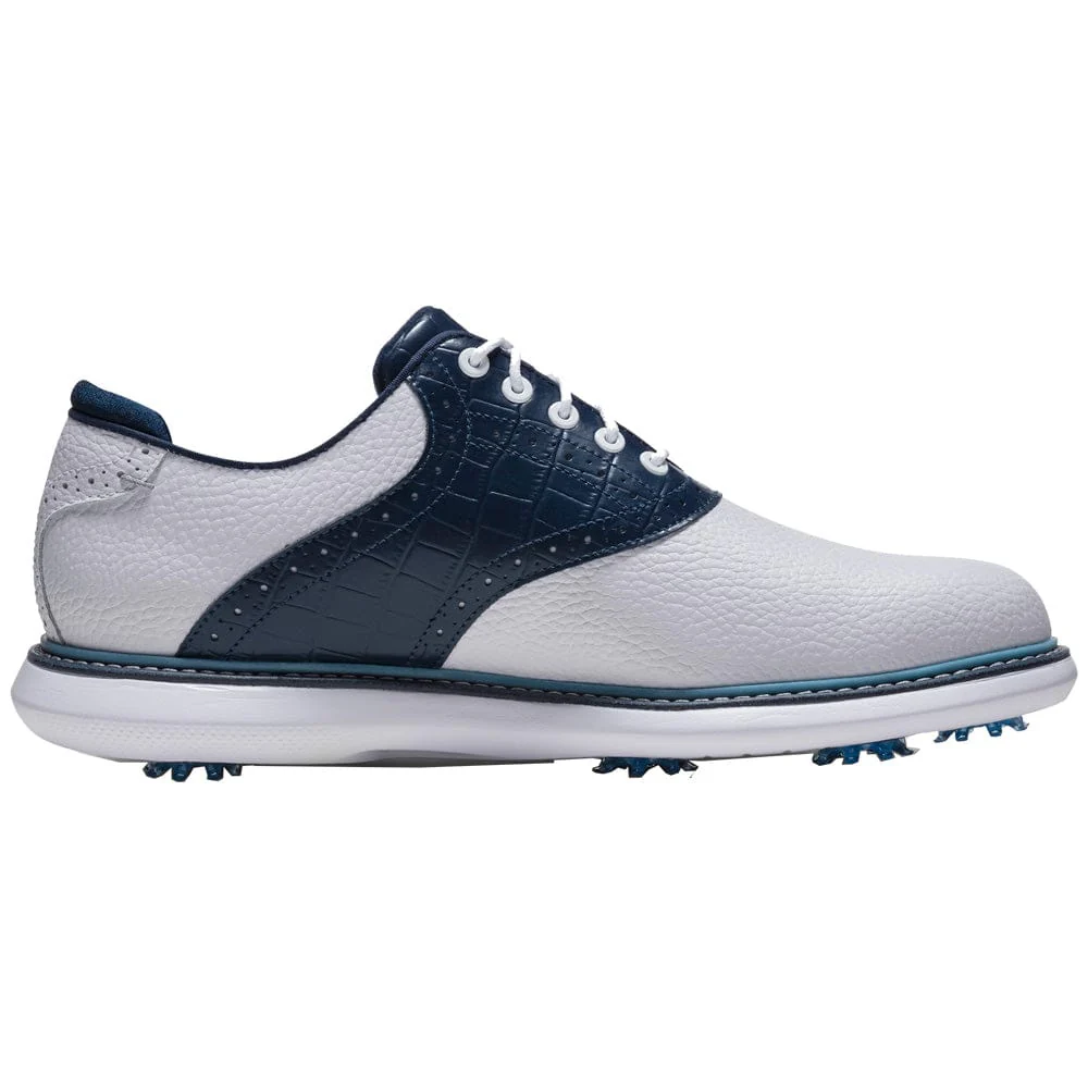 FootJoy Traditions Spiked Waterproof Shoes - White/Navy/Blue - Image 3