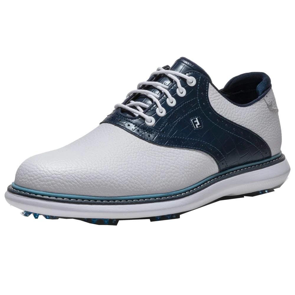 FootJoy Traditions Spiked Waterproof Shoes - White/Navy/Blue - Image 5