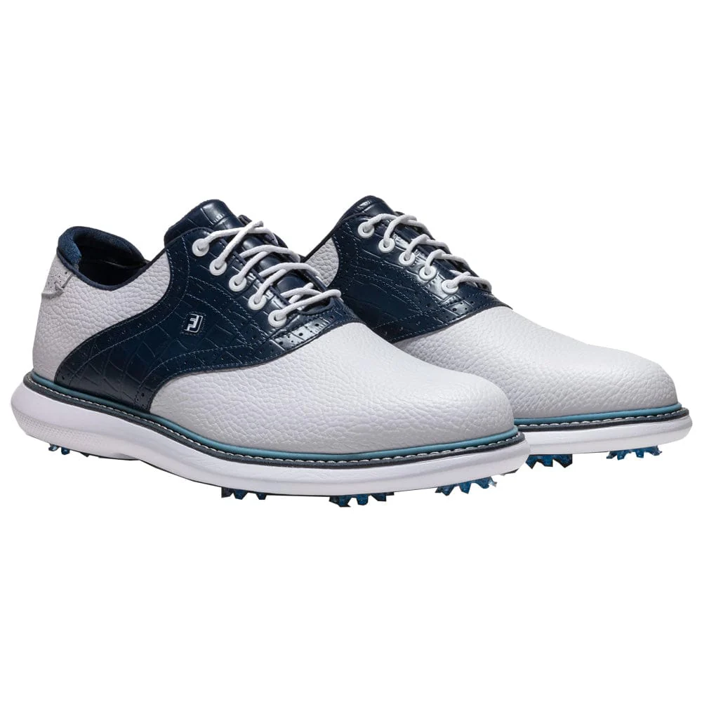 FootJoy Traditions Spiked Waterproof Shoes - White/Navy/Blue - Image 7