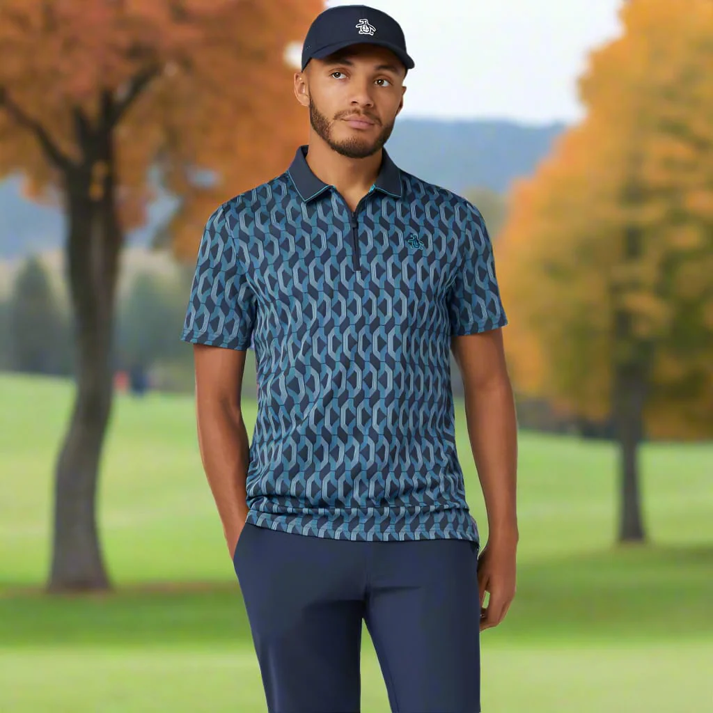 Original Penguin All Over YD Jacquard Colour Block Polo Shirt - Black Iris - Image 7